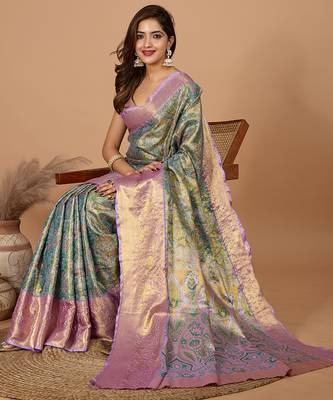 Green woven banarasi design saree with blouse piece 3