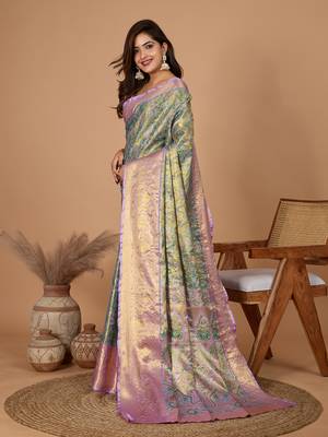 Green woven banarasi design saree with blouse piece 4
