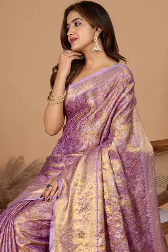 Purple woven banarasi design saree with blouse piece