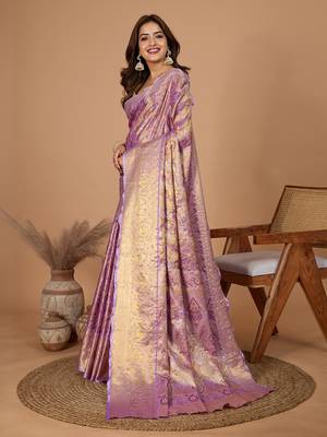 Purple woven banarasi design saree with blouse piece 4