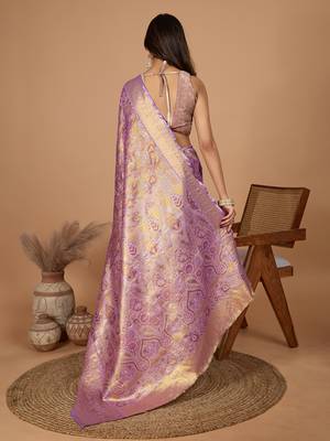 Purple woven banarasi design saree with blouse piece 5
