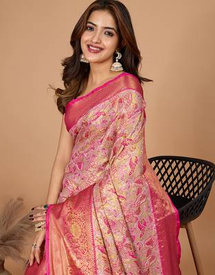 Rani pink woven banarasi design saree with blouse piece 2