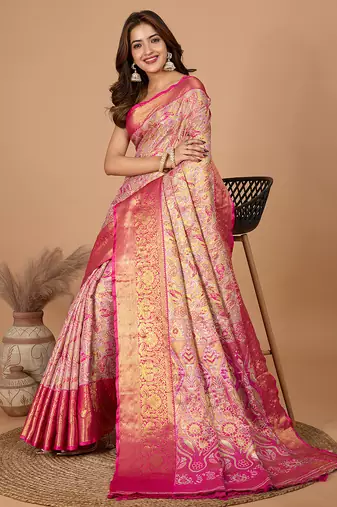 Rani pink woven banarasi design saree with blouse piece