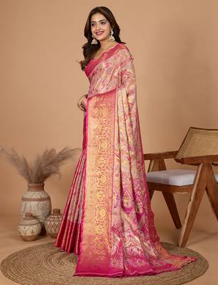 Rani pink woven banarasi design saree with blouse piece 4