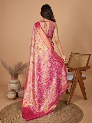 Rani pink woven banarasi design saree with blouse piece 5
