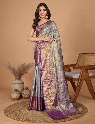 Violet woven banarasi design saree with blouse piece 1
