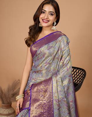 Violet woven banarasi design saree with blouse piece 2
