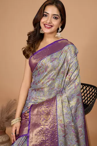 Violet woven banarasi design saree with blouse piece