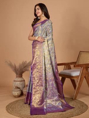 Violet woven banarasi design saree with blouse piece 4