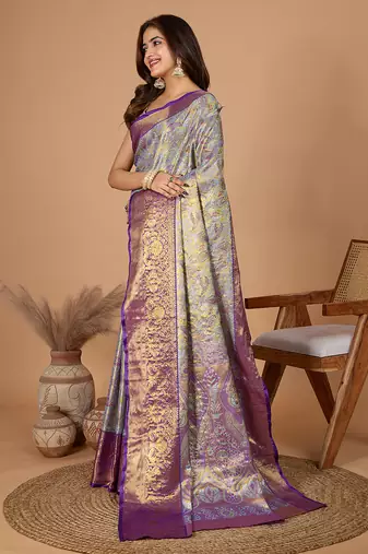 Violet woven banarasi design saree with blouse piece