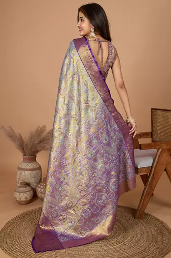Violet woven banarasi design saree with blouse piece