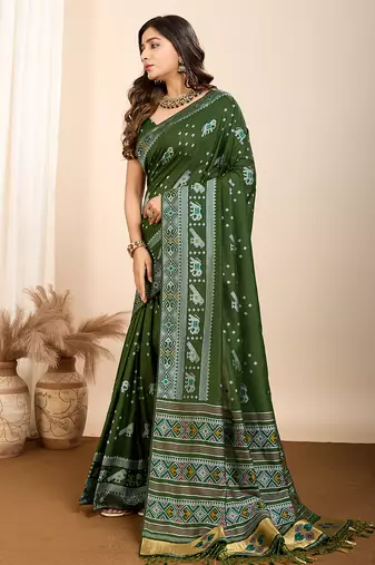 Green woven patola saree with blouse piece