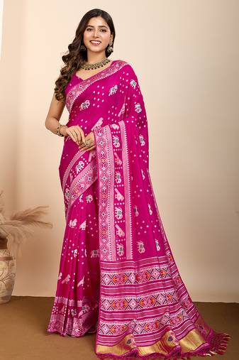 Pink woven patola saree with blouse piece