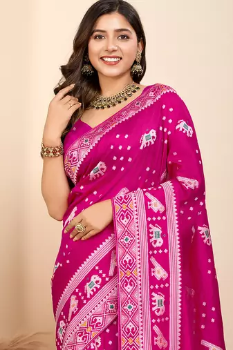 Pink woven patola saree with blouse piece