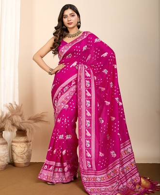 Pink woven patola saree with blouse piece 3