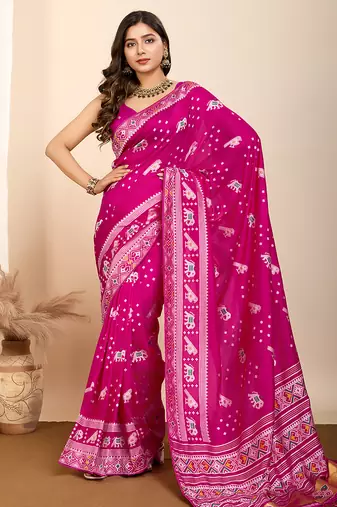 Pink woven patola saree with blouse piece