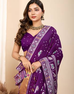 Purple woven patola saree with blouse piece 2