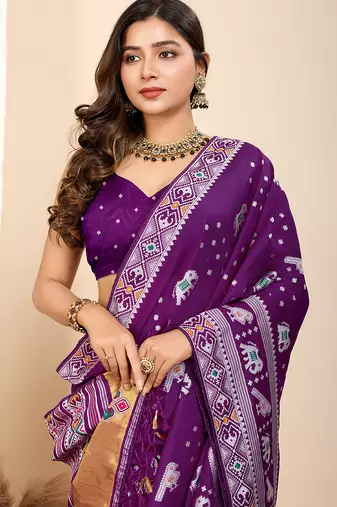Purple woven patola saree with blouse piece