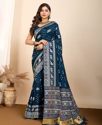 Teal woven patola saree with blouse piece 1