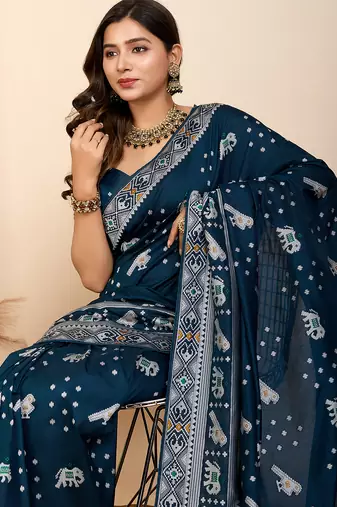 Teal woven patola saree with blouse piece