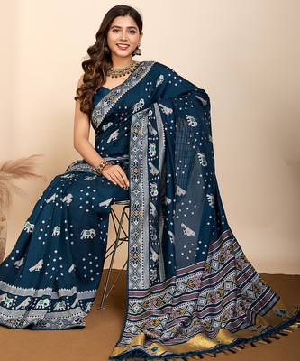 Teal woven patola saree with blouse piece 3