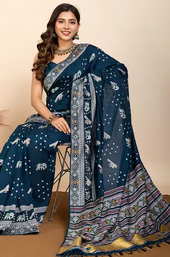 Teal woven patola saree with blouse piece