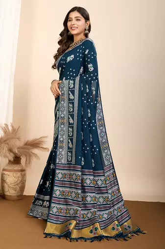 Teal woven patola saree with blouse piece