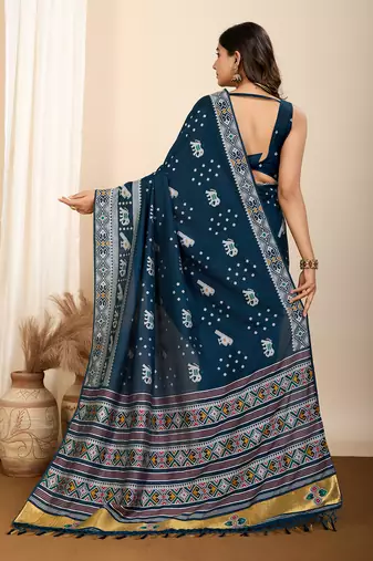 Teal woven patola saree with blouse piece