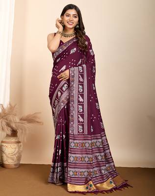 Wine woven patola saree with blouse piece 1