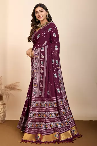 Wine woven patola saree with blouse piece