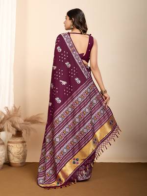 Wine woven patola saree with blouse piece 5