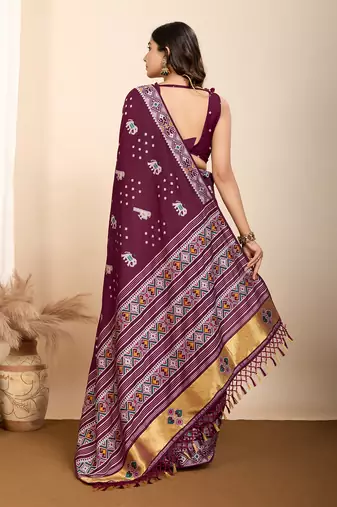 Wine woven patola saree with blouse piece