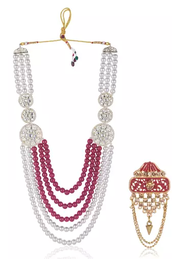 Layered pearl groom mala with gold-plated brooch     classic elegance