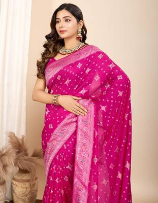Pink woven patola saree with blouse piece 1
