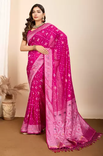 Pink woven patola saree with blouse piece