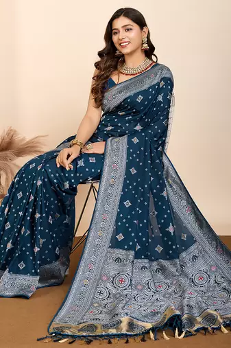Teal woven patola saree with blouse piece