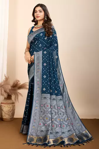 Teal woven patola saree with blouse piece