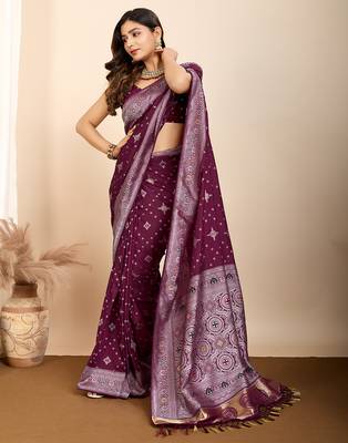 Wine woven patola saree with blouse piece 3