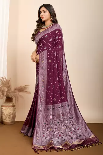 Wine woven patola saree with blouse piece