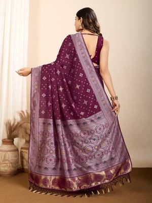 Wine woven patola saree with blouse piece 5