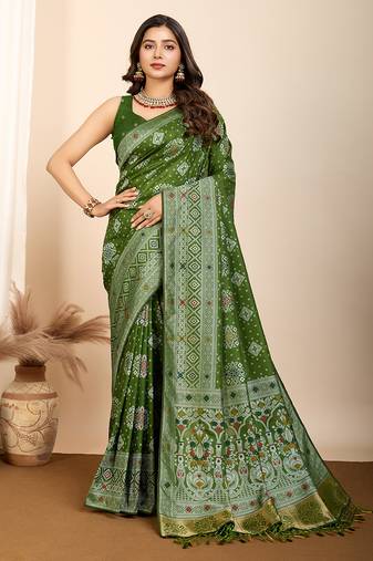 Green woven patola saree with blouse piece