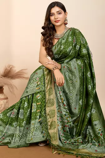 Green woven patola saree with blouse piece