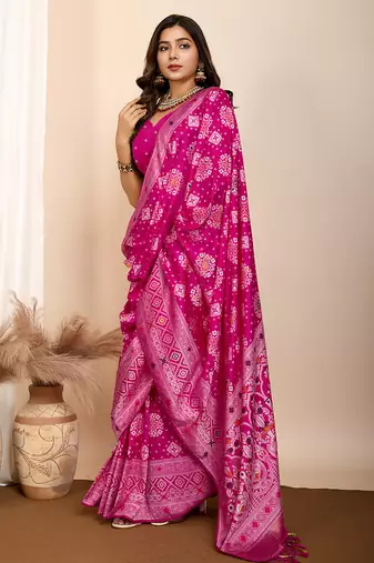 Pink woven patola saree with blouse piece