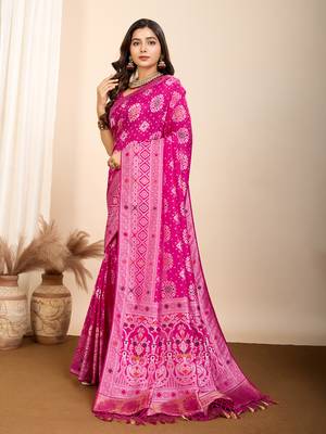 Pink woven patola saree with blouse piece 4