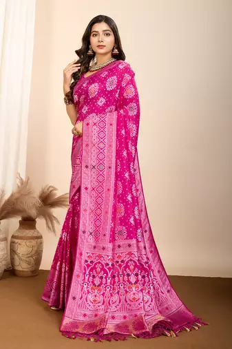 Pink woven patola saree with blouse piece