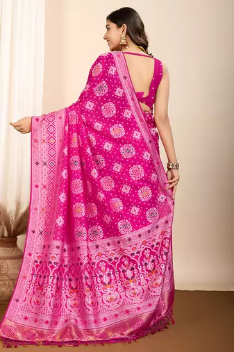 Pink woven patola saree with blouse piece