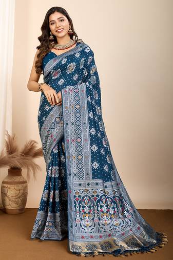 Teal woven patola saree with blouse piece