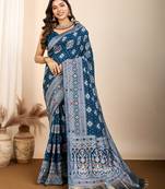 Teal woven patola saree with blouse piece