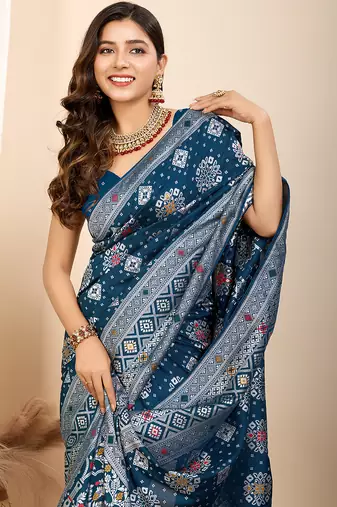 Teal woven patola saree with blouse piece