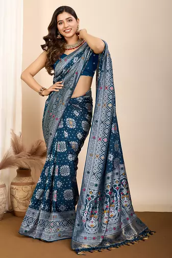 Teal woven patola saree with blouse piece
